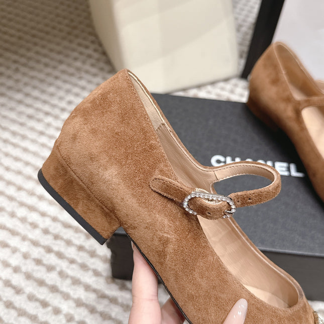 CHANEL 26S SQUARE TOE MARY JANE FLATS IN BROWN SUEDE