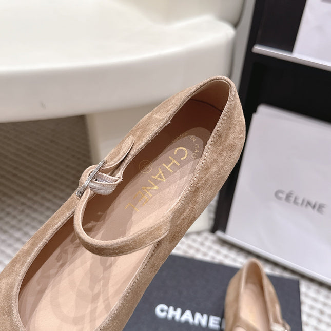CHANEL 26S SQUARE TOE MARY JANE FLATS IN LIGHT BROWN SUEDE