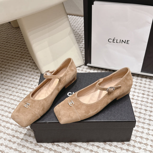 CHANEL 26S SQUARE TOE MARY JANE FLATS IN LIGHT BROWN SUEDE