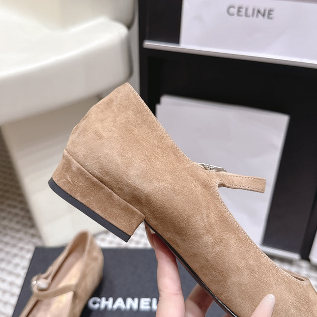 CHANEL 26S SQUARE TOE MARY JANE FLATS IN LIGHT BROWN SUEDE