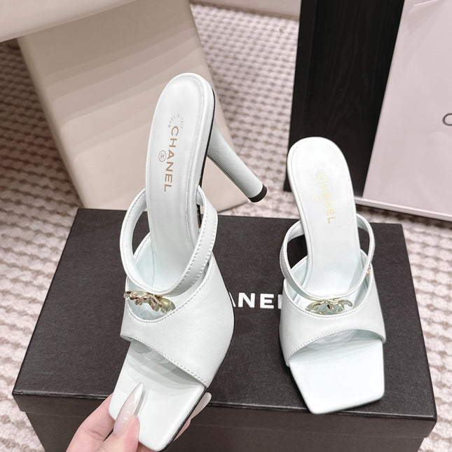 CHANEL 26S SQUARE TOE HIGH HEEL SANDALS 50 MM IN LIGHT BLUE CALFSKIN