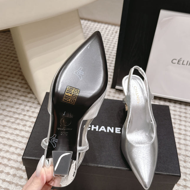 CHANEL 26S HIGH HEEL SLINGBACKS 80 MM IN SILVER PATENT