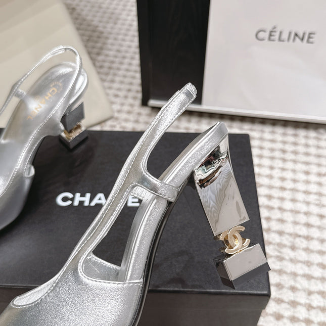 CHANEL 26S HIGH HEEL SLINGBACKS 80 MM IN SILVER PATENT