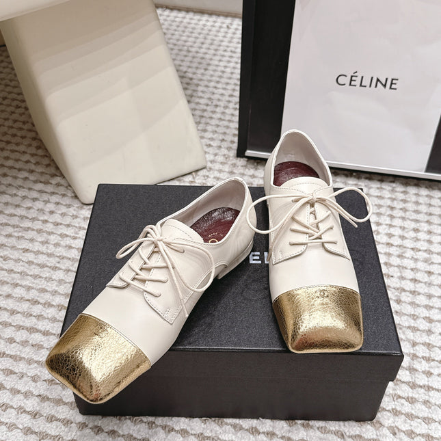 CHANEL 26S LACE-UP OXFORD SHOES IN LIGHT BEIGE CALFSKIN WITH GOLD TOE CAP