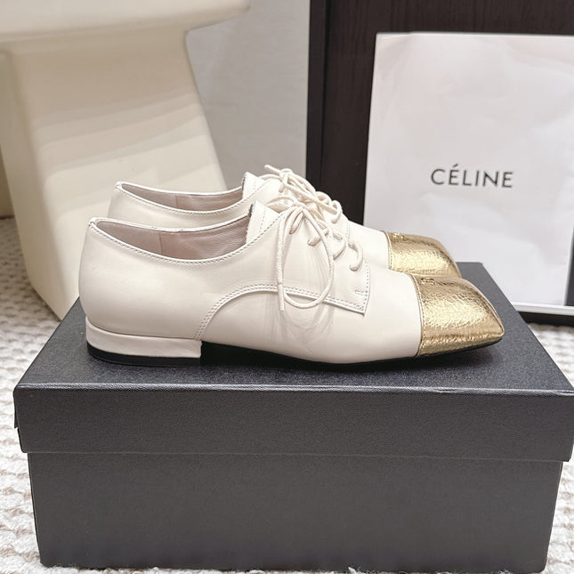 CHANEL 26S LACE-UP OXFORD SHOES IN LIGHT BEIGE CALFSKIN WITH GOLD TOE CAP