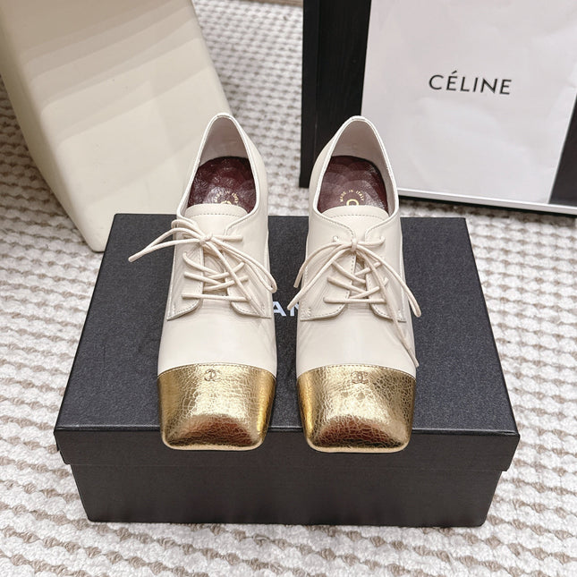 CHANEL 26S LACE-UP OXFORD HEELS IN LIGHT BEIGE CALFSKIN WITH GOLD TOE CAP