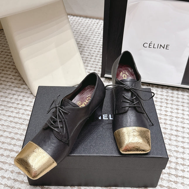 CHANEL 26S LACE-UP OXFORD HEELS IN BLACK CALFSKIN WITH GOLD TOE CAP