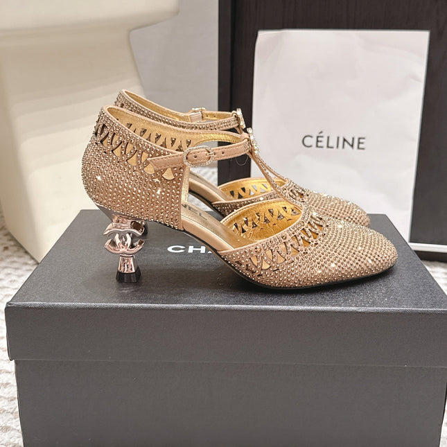 CHANEL 26S HIGH HEELS 50 MM IN BEIGE RHINESTONE EMBELLISHED
