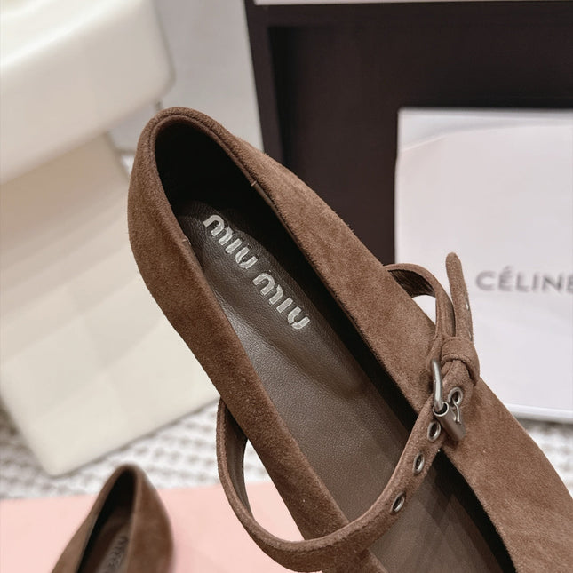 MIUMIU 26S MARY JANE BALLET IN DARK BROWN SUEDE WITH BUCKLE STRAP