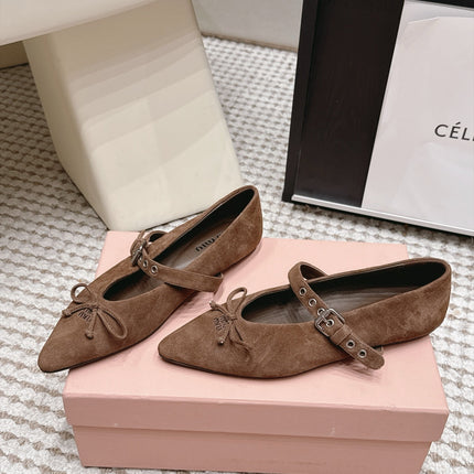 MIUMIU 26S MARY JANE BALLET IN DARK BROWN SUEDE WITH BUCKLE STRAP