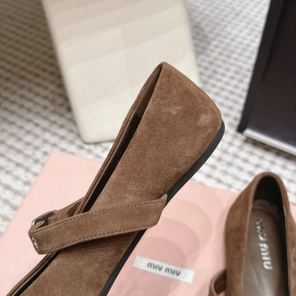 MIUMIU 26S MARY JANE BALLET IN DARK BROWN SUEDE WITH BUCKLE STRAP
