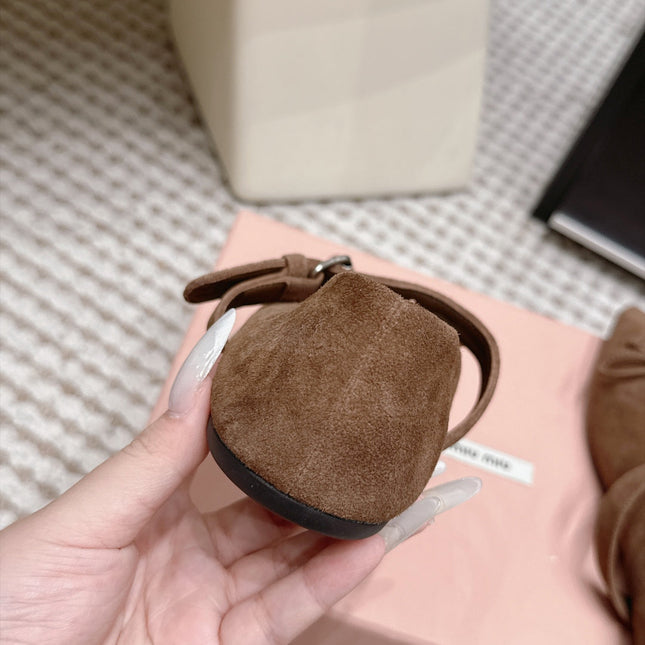 MIUMIU 26S MARY JANE BALLET IN DARK BROWN SUEDE WITH BUCKLE STRAP