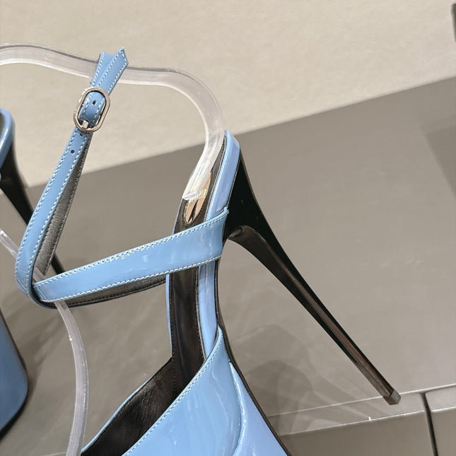 YSL 26S PLATFORM SANDALS 155 MM IN BLUE PATENT LEATHER