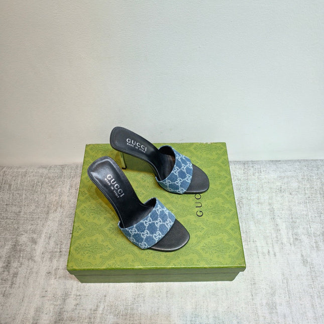 GUCCI 26S MULE SANDALS 110MM IN BLUE GG DENIM