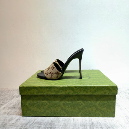 GUCCI 26S MULE SANDALS 110MM IN BEIGE BROWN GG CANVAS