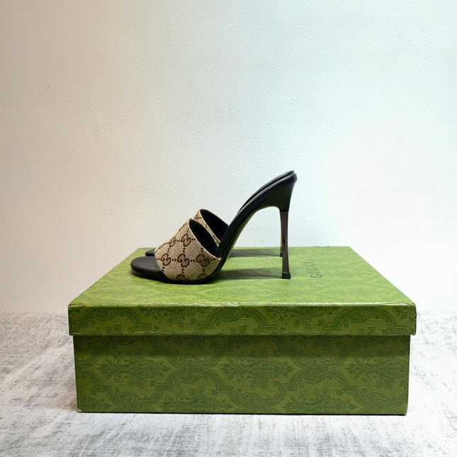 GUCCI 26S MULE SANDALS 110MM IN BEIGE BROWN GG CANVAS