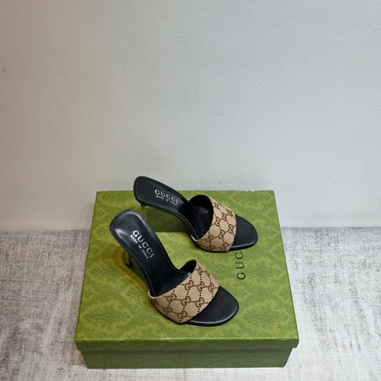GUCCI 26S MULE SANDALS 110MM IN BEIGE BROWN GG CANVAS