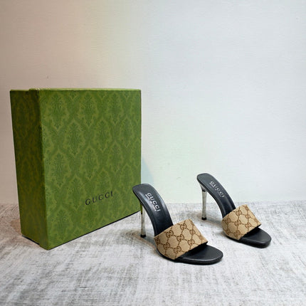 GUCCI 26S MULE SANDALS 110MM IN BEIGE BROWN GG CANVAS