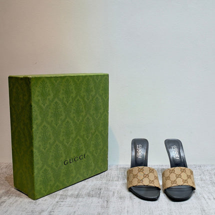 GUCCI 26S MULE SANDALS 110MM IN BEIGE BROWN GG CANVAS
