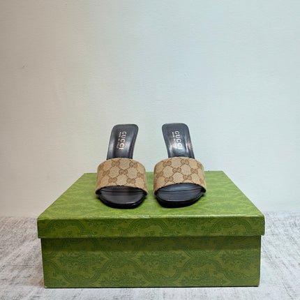 GUCCI 26S MULE SANDALS 110MM IN BEIGE BROWN GG CANVAS