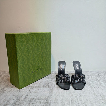 GUCCI 26S MULE SANDALS 110MM IN BLACK SATIN CRYSTAL GG