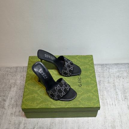 GUCCI 26S MULE SANDALS 110MM IN BLACK SATIN CRYSTAL GG