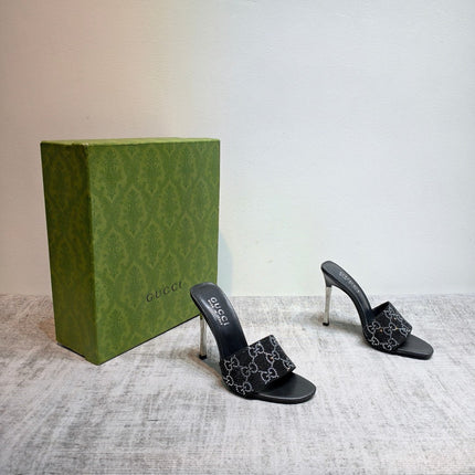 GUCCI 26S MULE SANDALS 110MM IN BLACK SATIN CRYSTAL GG