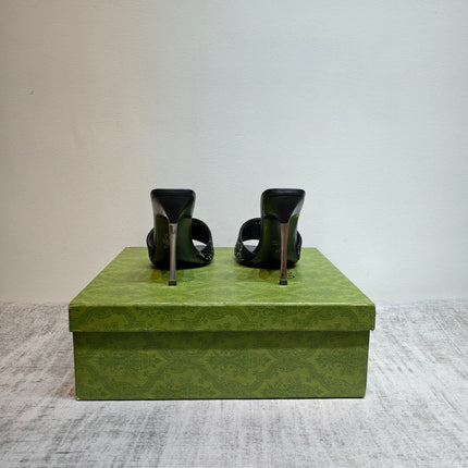 GUCCI 26S MULE SANDALS 110MM IN BLACK SATIN CRYSTAL GG