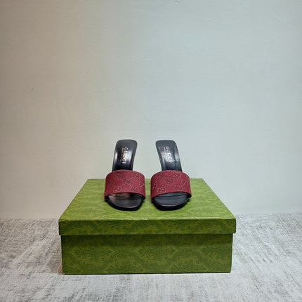GUCCI 26S MULE SANDALS 110MM IN DARK RED GG CANVAS