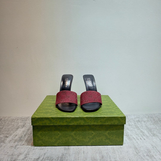 GUCCI 26S MULE SANDALS 110MM IN DARK RED GG CANVAS