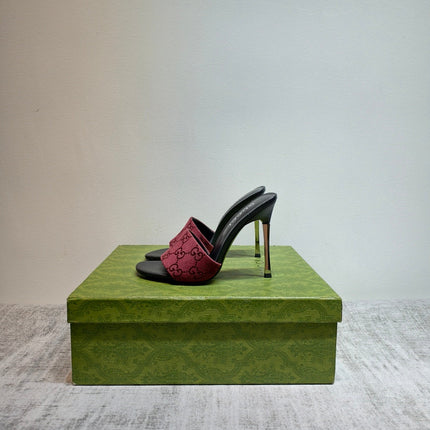 GUCCI 26S MULE SANDALS 110MM IN DARK RED GG CANVAS