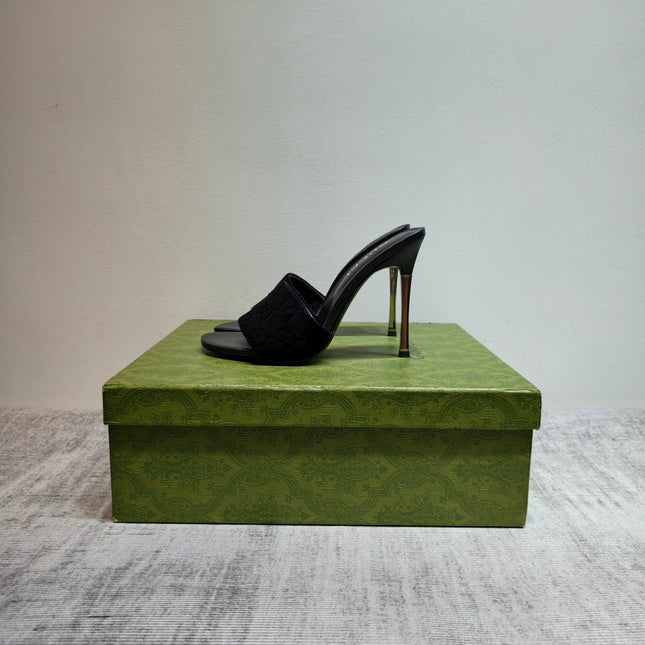 GUCCI 26S MULE SANDALS 110MM IN BLACK VELVET GG EMBOSSED