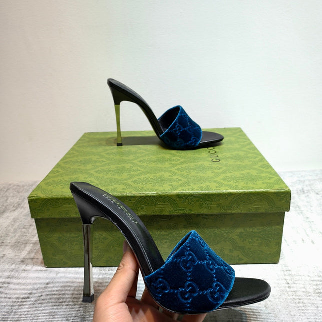 GUCCI 26S MULE SANDALS 110MM IN ROYAL BLUE VELVET GG EMBOSSED