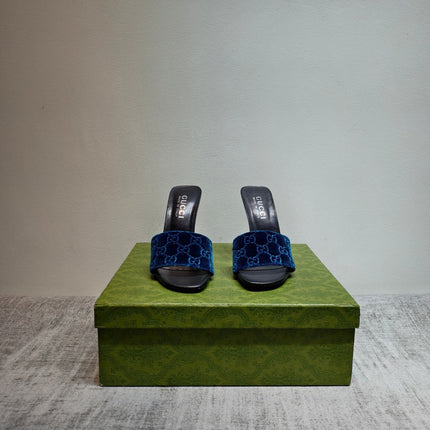 GUCCI 26S MULE SANDALS 110MM IN ROYAL BLUE VELVET GG EMBOSSED