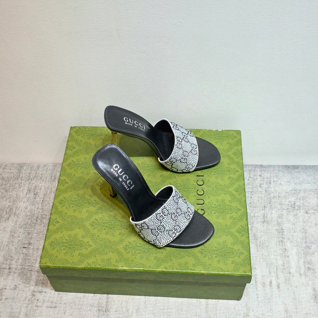 GUCCI 26S MULE SANDALS 110MM IN SILVER SATIN CRYSTAL GG