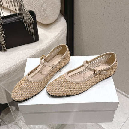 THE ROW 26S MARY JANE FLATS IN BEIGE CALFSKIN AND MESH