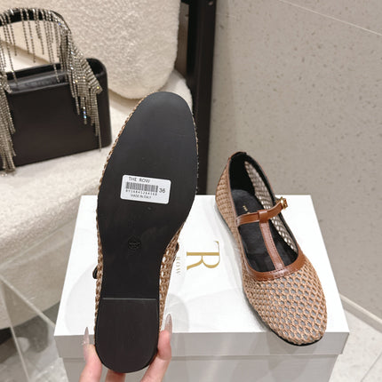 THE ROW 26S MARY JANE FLATS IN LIGHT BROWN CALFSKIN AND MESH