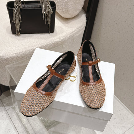 THE ROW 26S MARY JANE FLATS IN LIGHT BROWN CALFSKIN AND MESH