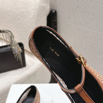 THE ROW 26S MARY JANE FLATS IN LIGHT BROWN CALFSKIN AND MESH