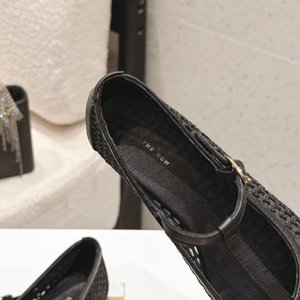 THE ROW 26S MARY JANE FLATS IN BLACK CALFSKIN AND MESH