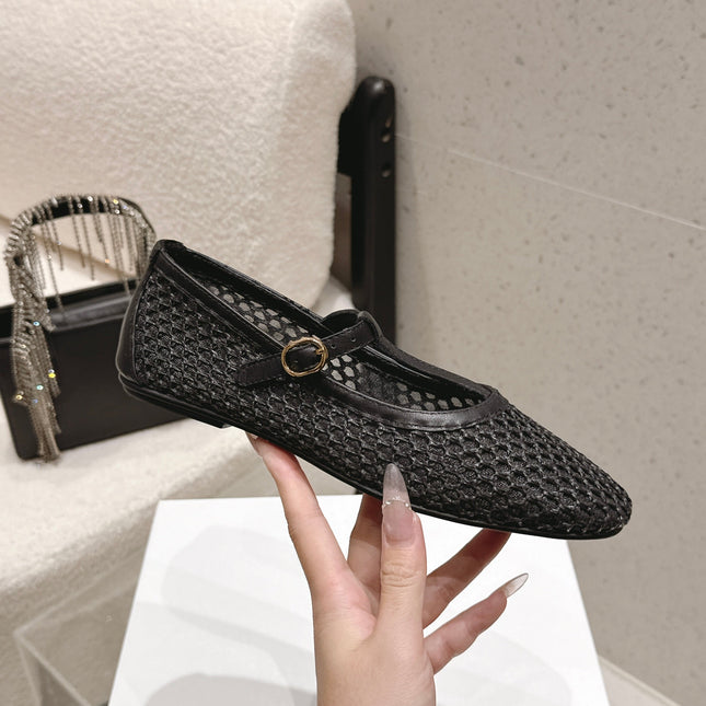 THE ROW 26S MARY JANE FLATS IN BLACK CALFSKIN AND MESH