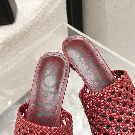 LOEWE 26S WOVEN HEEL SANDALS 50 MM IN DARK RED LAMBSKIN