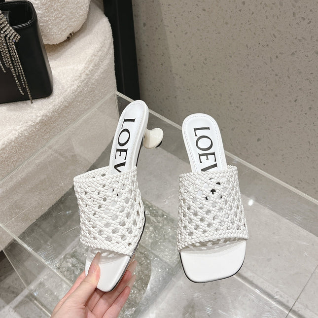 LOEWE 26S WOVEN HEEL SANDALS 50 MM IN WHITE LAMBSKIN
