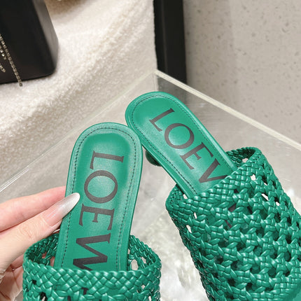 LOEWE 26S WOVEN HEEL SANDALS 50 MM IN GREEN LAMBSKIN