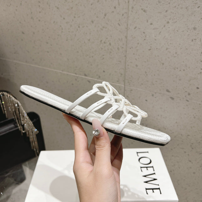 LOEWE 26S BRAIDED CAGE SLIDE SANDALS IN WHITE CALFSKIN