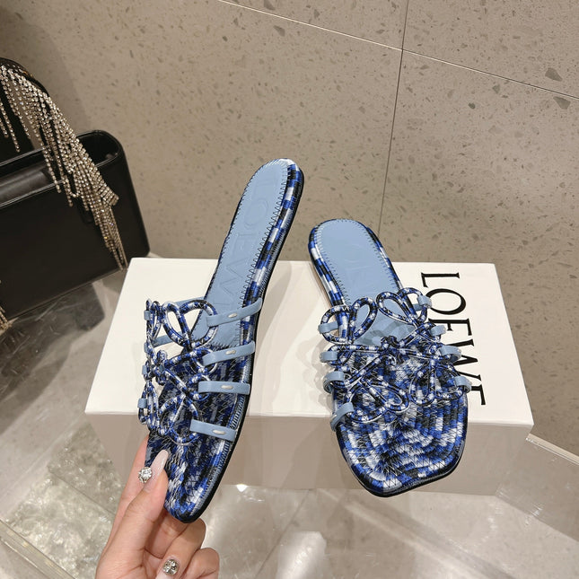 LOEWE 26S BRAIDED CAGE SLIDE SANDALS IN BLUE CALFSKIN