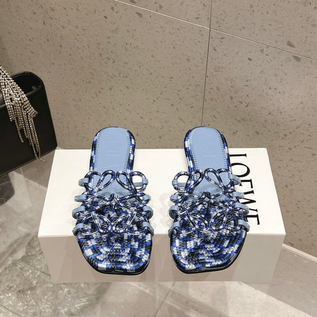 LOEWE 26S BRAIDED CAGE SLIDE SANDALS IN BLUE CALFSKIN