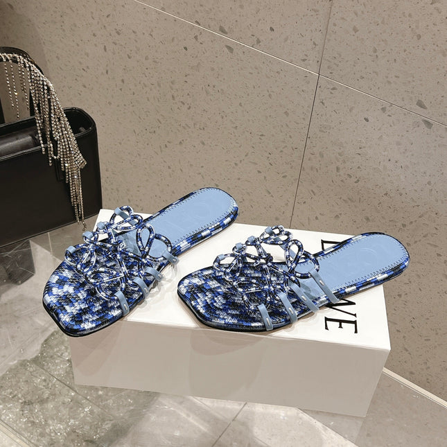 LOEWE 26S BRAIDED CAGE SLIDE SANDALS IN BLUE CALFSKIN