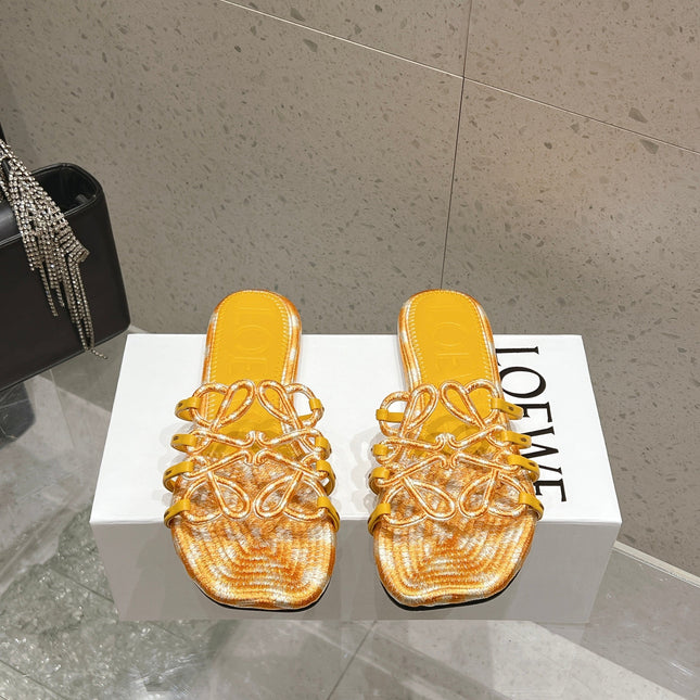 LOEWE 26S BRAIDED CAGE SLIDE SANDALS IN YELLOW CALFSKIN