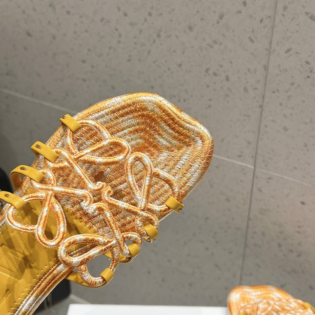 LOEWE 26S BRAIDED CAGE SLIDE SANDALS IN YELLOW CALFSKIN